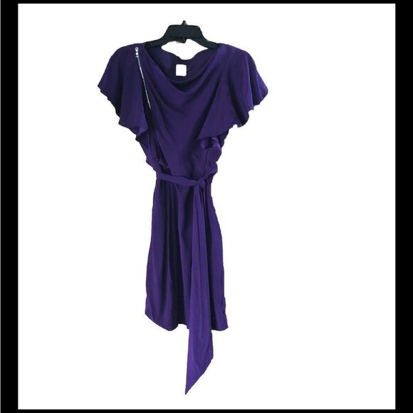 Ali Ro Purple Drape Neck Flutter Sleeve Silk Blend Mini Dress - Picture 1 of 14